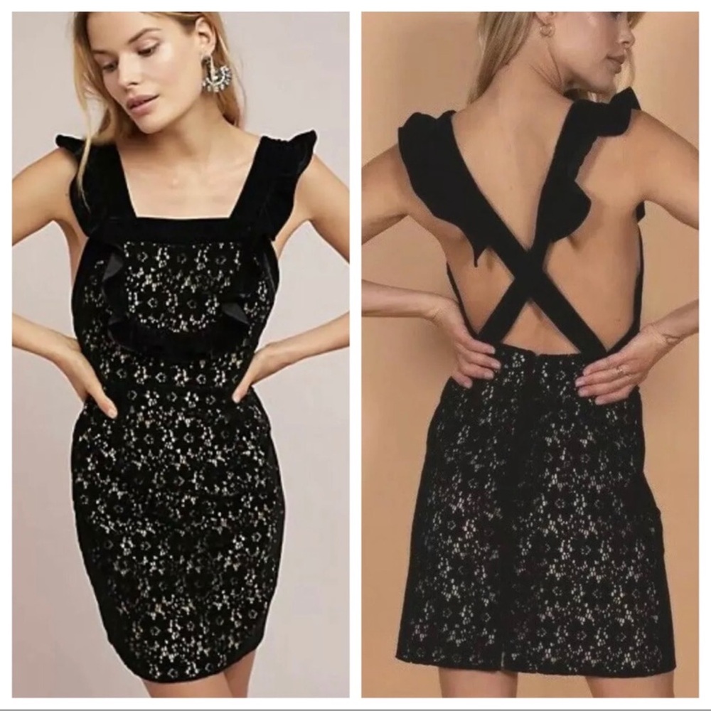 Nightcap Clothing‎ Dress Women's Medium Black Lace Velvet Ruffle Cross Back